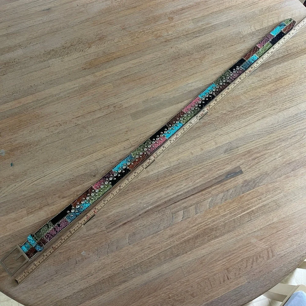 Guess Womens Patchwork Snakeskin Studded Rhinestone Belt Multi Color McBling M